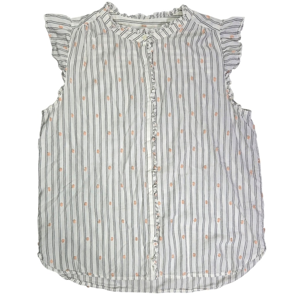 LOFT Womens Medium White Striped Pink Clip Dot‎ Ruffle Sleeveless Blouse